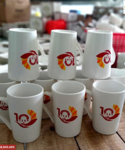 Ly sứ trắng vát cao in logo