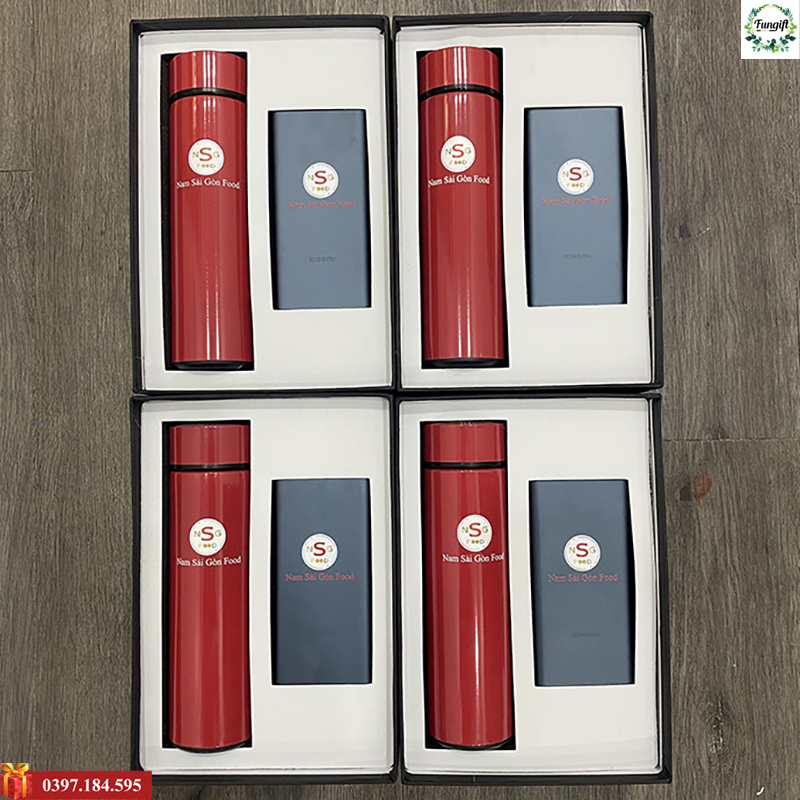 Set quà tặng bình giữ nhiệt, pin dự phòng in khắc logo