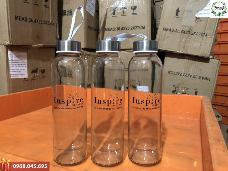 Bình nước thủy tinh in logo INSPRE