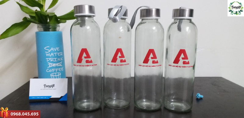 Bình thủy tinh in logo F- Active