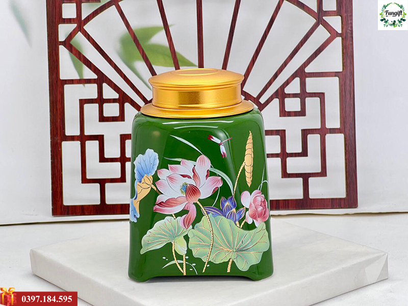 Hộp đựng trà gốm sứ hoa sen