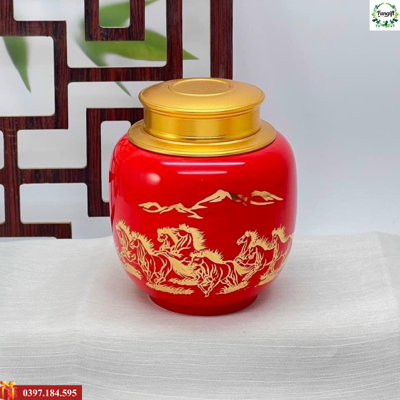 Hũ đựng trà vẽ vàng in logo