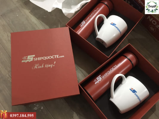Set bình giữ nhiệt cốc sứ in logo theo yêu cầu