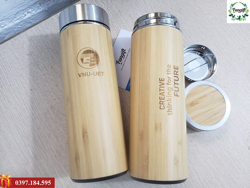 Bình giữ nhiệt vỏ tre 450ml khắc logo theo yêu cầu
