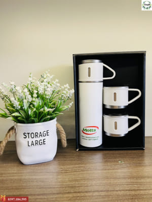 Bình giữ nhiệt cao cấp tặng kèm 2 cốc có quai in logo