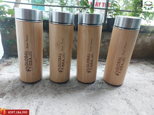 Bình giữ nhiệt vỏ tre inox 304 khắc logo