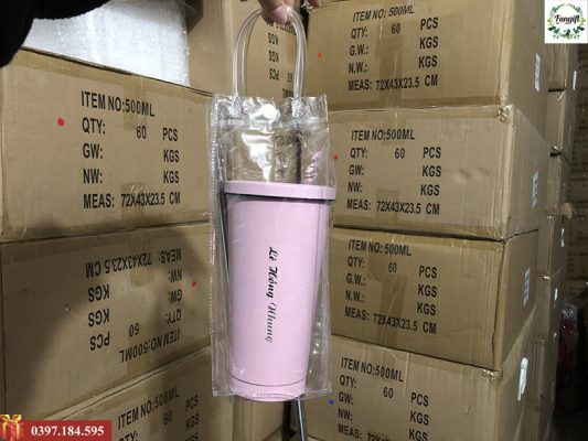 Cốc giữ nhiệt có ống hút kèm túi trong suốt có quai xách