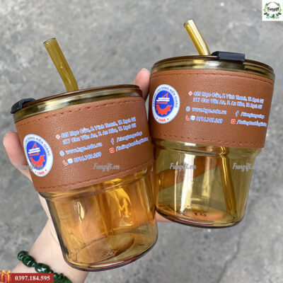 Ly thủy tinh bọc da in logo đẹp