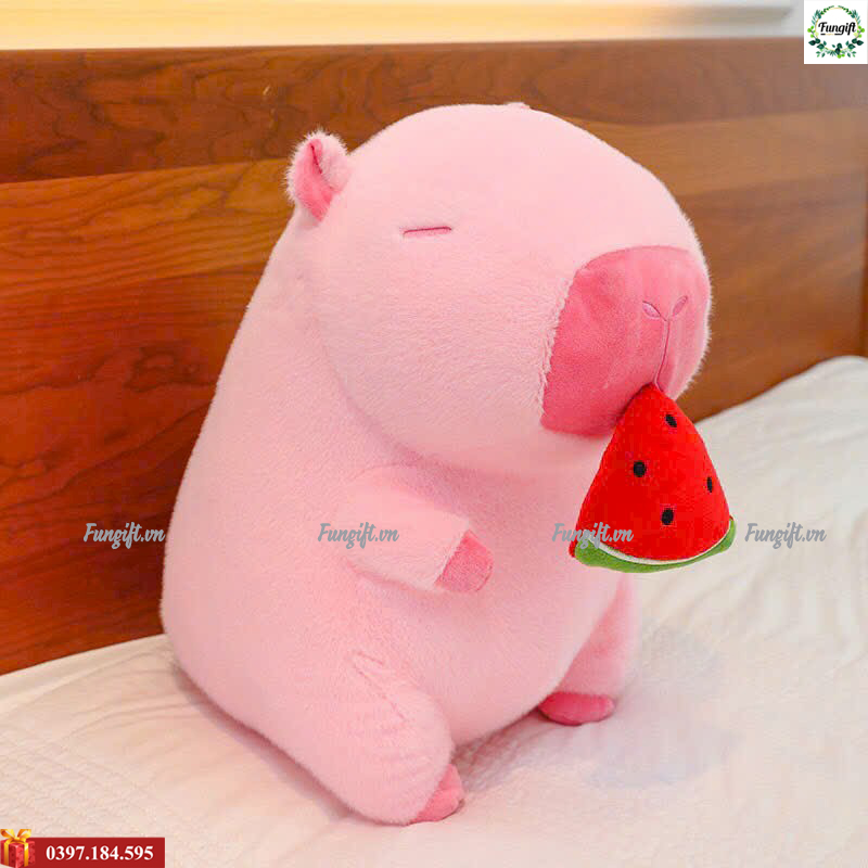 Gấu capybara hồng dưa hấu in chữ