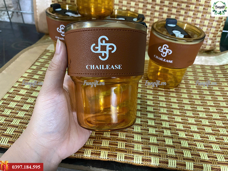 Cốc thuỷ tinh bọc da 450ml in logo