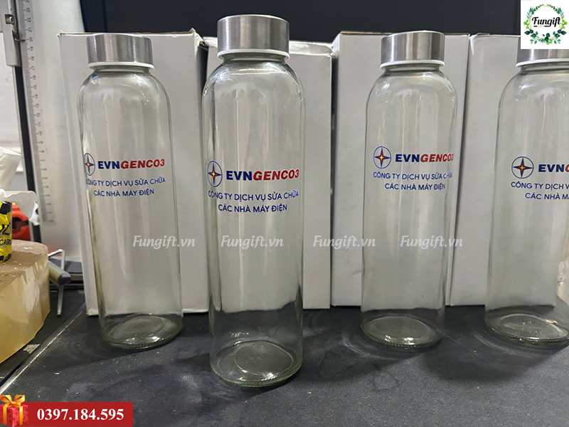 Bình nước thuỷ tinh in logo làm quà tặng theo yêu cầu