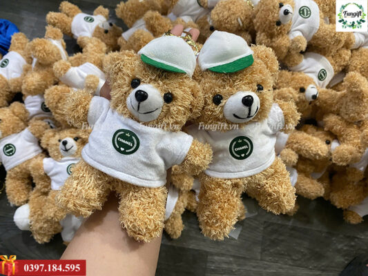 Móc khóa gấu bông đội mũ in logo