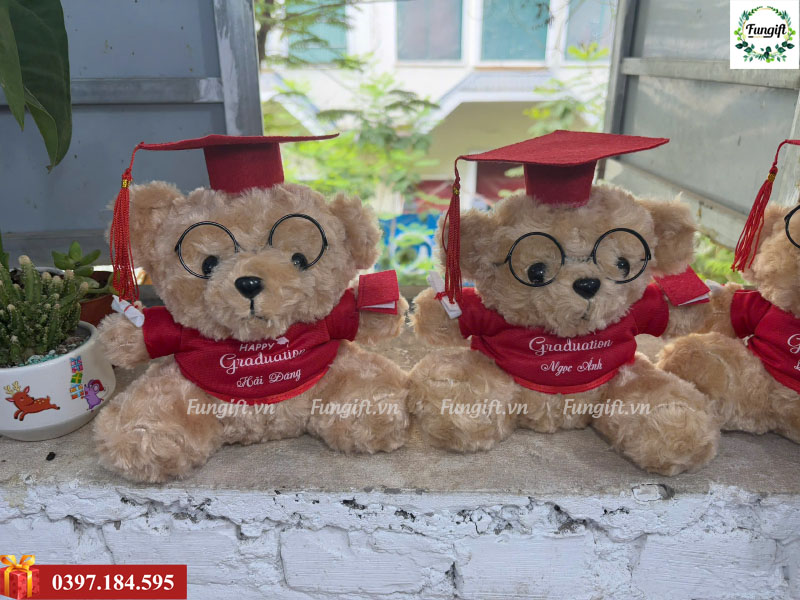 Gấu bông tốt nghiệp mặc áo, đội mũ cử nhân, tay đeo bằng