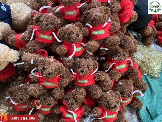 Móc khoá gấu bông teddy màu nâu in logo làm quà tặng