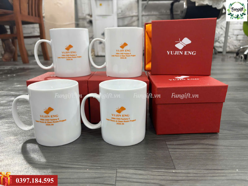 Ly sứ dáng trụ đứng in logo, in ảnh làm quà tặng