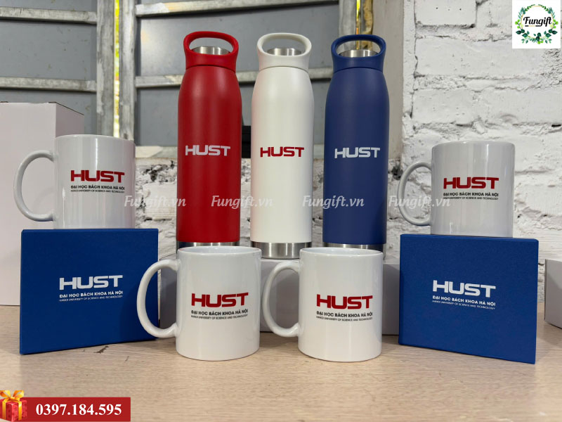 Bình giữ nhiệt và cốc sứ in logo Hust làm quà tặng